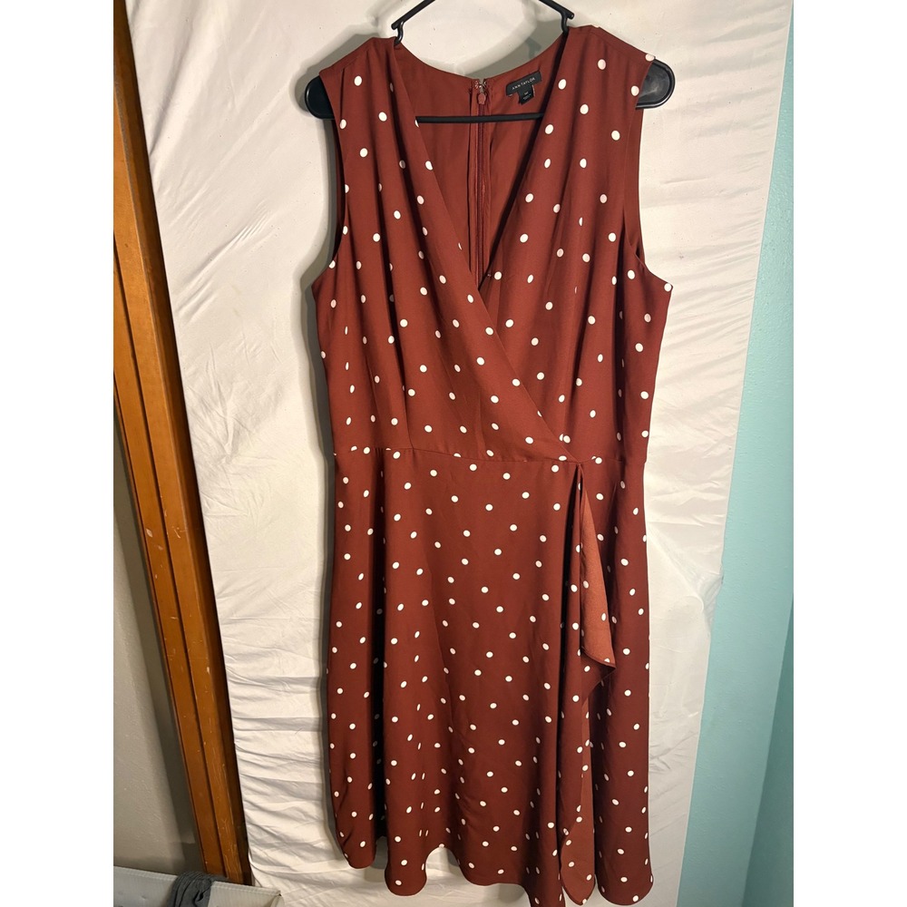 Ann Taylor Polka Dot Faux Wrap Midi Dress Rust Brown Sleeveless 14T Tall 1413